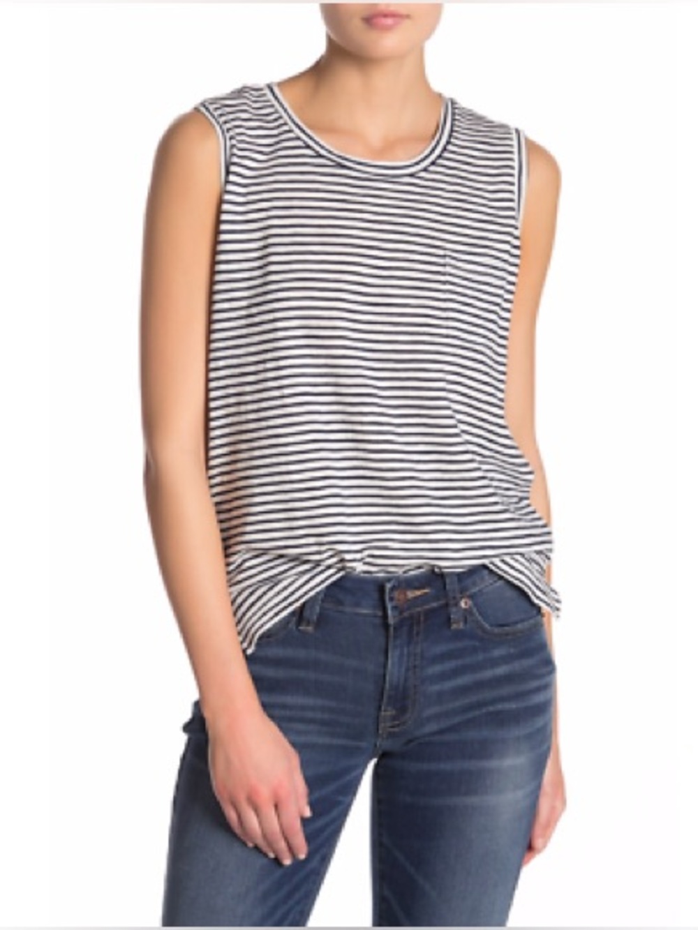 Madewell White & Navy Striped Sleeveless Pocket Tank Size Small Cotton